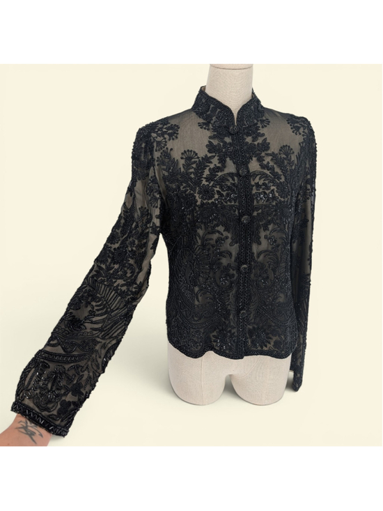 Adrianna Papell Jackets & Blazers - Vintage Adrianna Papell Evening Black Beaded Silk Jacket 90s Size L Y2K Formal